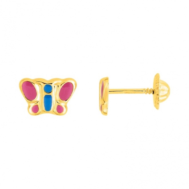 Pendientes de bebé de oro amarillo de 18 Kt con esmalte, mariposa, cierre de rosca