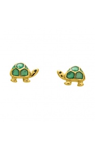 Pendientes de bebé de oro amarillo de 18 Kt con esmalte, tortuguita verde, cierre de presión