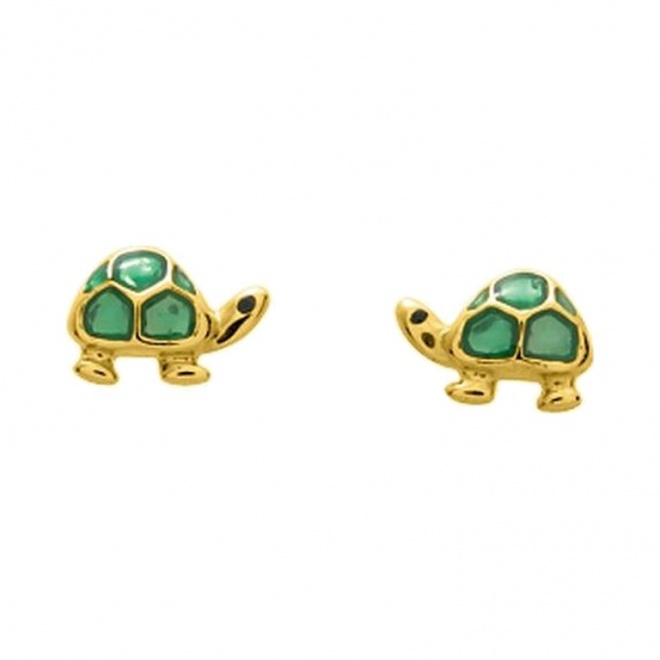 Pendientes de bebé de oro amarillo de 18 Kt con esmalte, tortuguita verde, cierre de presión