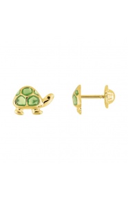 Pendientes de bebé de oro amarillo de 18 Kt con esmalte, tortuguita verde, cierre de rosca