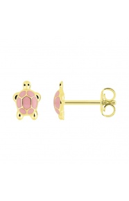 Pendientes de bebé de oro amarillo de 18 Kt con esmalte, tortuga rosa, cierre de presión