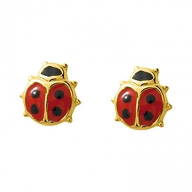 Pendientes de bebé de oro amarillo de 18 Kt con esmalte, mariquita con patitas, cierre de rosca