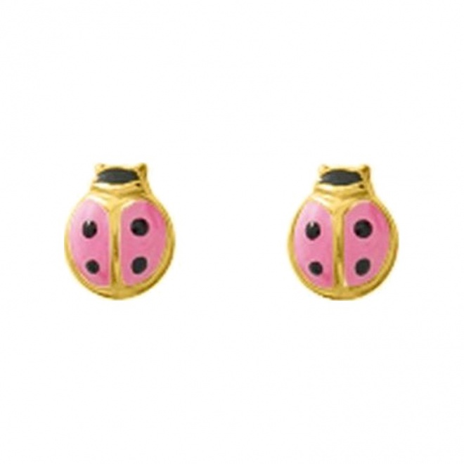 Pendientes de bebé de oro amarillo de 18 Kt con esmalte, mariquita rosa, cierre de presión