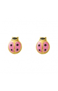 Pendientes de bebé de oro amarillo de 18 Kt con esmalte, mariquita rosa, cierre de rosca