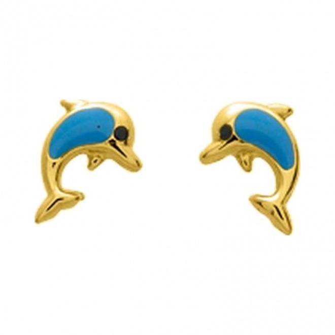 Pendientes de bebé de oro amarillo de 18 Kt con esmalte, delfín, cierre de presión