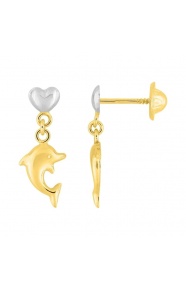 Pendientes de bebé de oro bicolor de 18 Kt, corazón con delfín colgante
