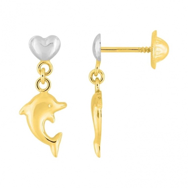 Pendientes de bebé de oro bicolor de 18 Kt, corazón con delfín colgante