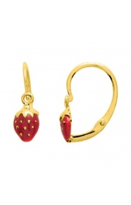 Pendientes de bebé de oro amarillo de 18 Kt con esmalte, fresa, cierre catalán