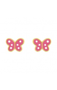Pendientes de bebé de oro amarillo de 18 Kt con esmalte, mariposa rosa con lunares, cierre de presión