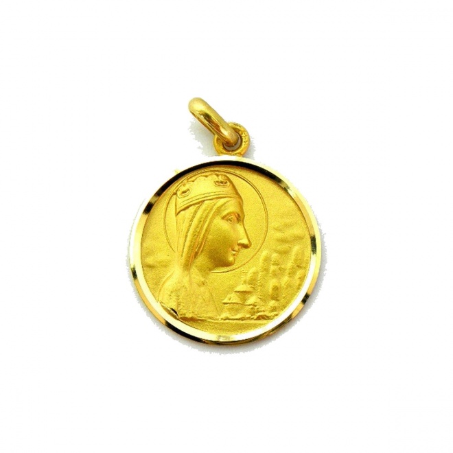 Medalla Nuestra Señora de Montserrat de oro amarillo de 18 Kt, bisel lapidado
