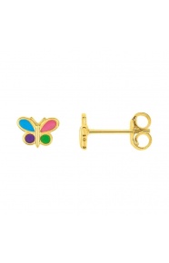 Pendientes de bebé de oro amarillo de 18 Kt con esmalte, mariposa multicolor, cierre de presión