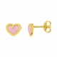 Pendientes de bebé de oro amarillo de 18 Kt con esmalte, corazón rosa, cierre de presión
