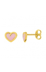 Pendientes de bebé de oro amarillo de 18 Kt con esmalte, corazón rosa, cierre de presión