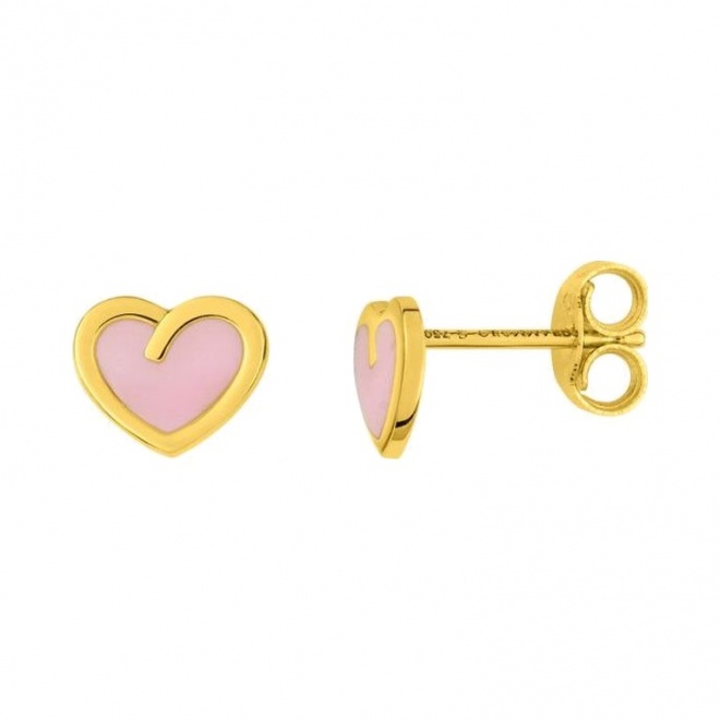 Pendientes de bebé de oro amarillo de 18 Kt con esmalte, corazón rosa, cierre de presión