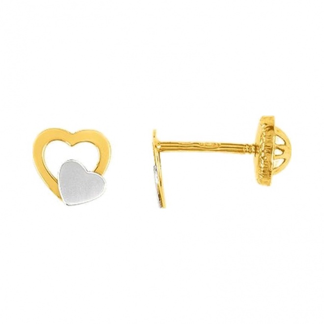 Pendientes de bebé de oro bicolor de 18 Kt, doble corazón calado