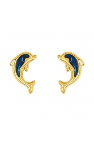 Pendientes de bebé de oro amarillo de 18 Kt con esmalte, delfín azul marino