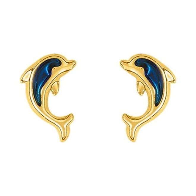 Pendientes de bebé de oro amarillo de 18 Kt con esmalte, delfín azul marino