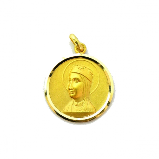 Medalla Nuestra Señora de Montserrat medio perfil de oro amarillo de 18 Kt, bisel lapidado