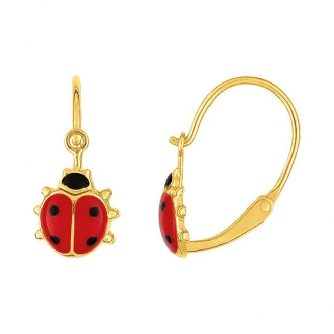 Pendientes de bebé de oro amarillo de 18 Kt con esmalte, mariquita colgante