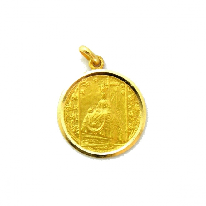 Medalla Virgen de las Angustias de oro amarillo de 18 Kt, bisel lapidado
