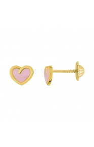 Pendientes de bebé de oro amarillo de 18 Kt con esmalte, corazón rosa, cierre de rosca