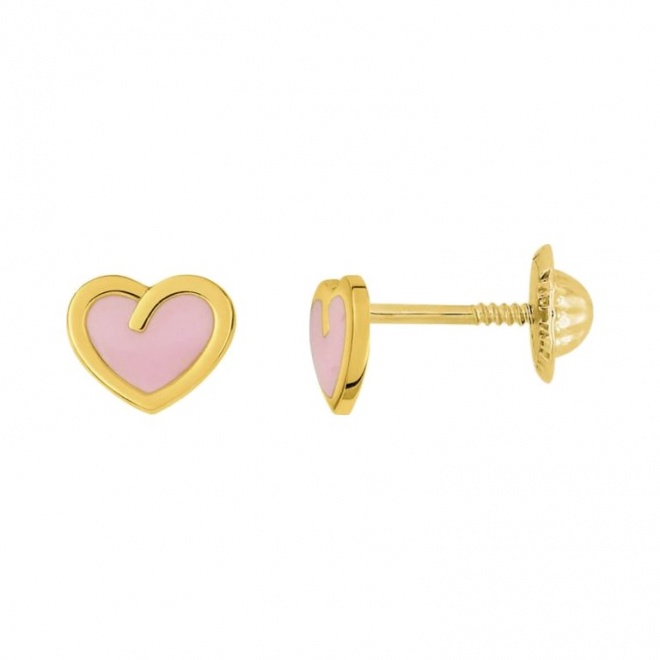 Pendientes de bebé de oro amarillo de 18 Kt con esmalte, corazón rosa, cierre de rosca