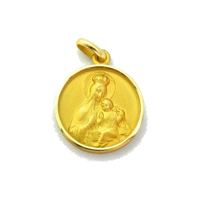 Medalla Virgen del Carmen corona de oro amarillo de 18 Kt, bisel media caña