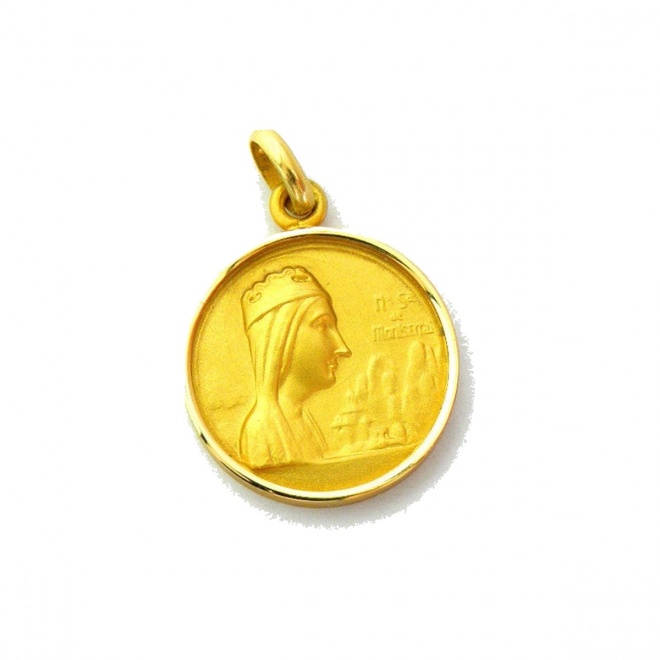 Medalla Nuestra Señora de Montserrat de oro amarillo de 18 Kt, bisel media caña