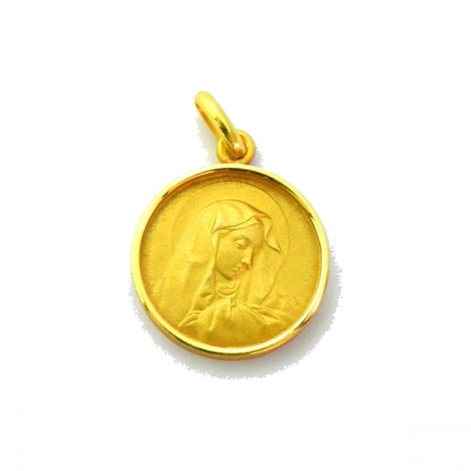 Medalla Virgen de los Dolores de oro amarillo de 18 Kt, bisel media caña