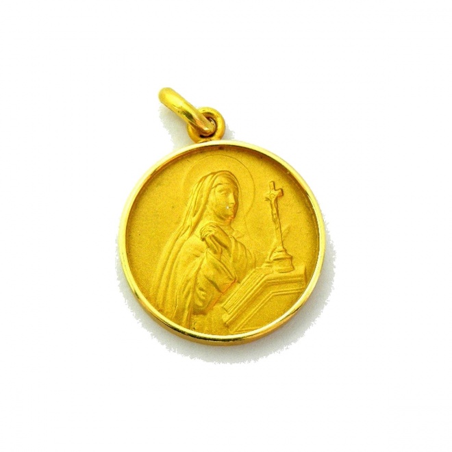 Medalla Santa Teresa de oro amarillo de 18 Kt, bisel media caña
