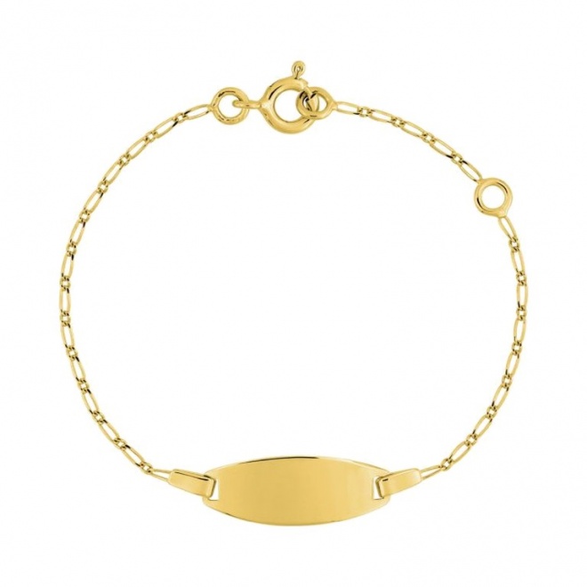 Pulsera de bebé con placa redondeada de oro amarillo de 18 Kt, cadena de eslabón alargado