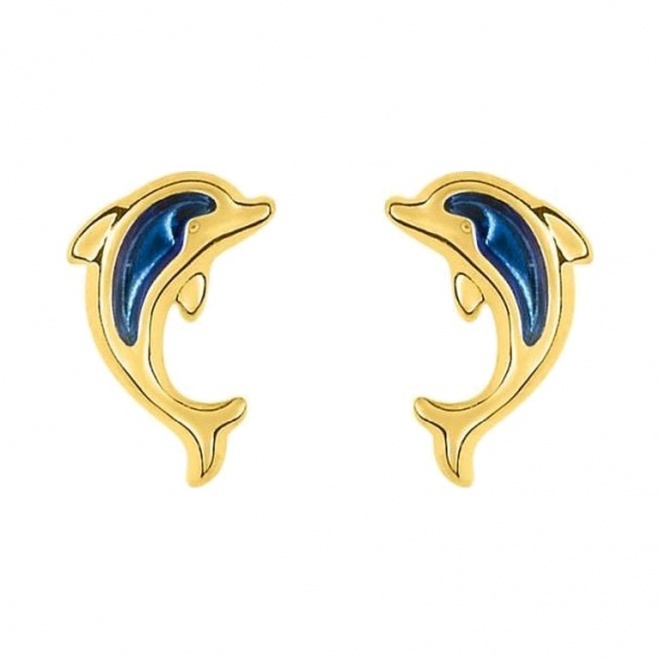 Pendientes de bebé de oro amarillo de 9 Kt con esmalte, delfín azul