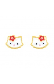 Pendientes de bebé de oro amarillo de 9 Kt con esmalte, gatita con flor