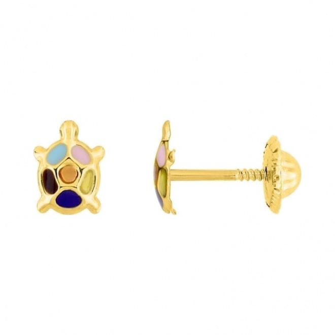 Pendientes de bebé de oro amarillo de 9 Kt con esmalte, tortuga multicolor