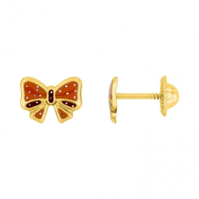 Pendientes de bebé de oro amarillo de 9 Kt con esmalte, lazo rojo