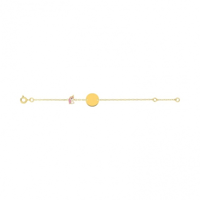 Pulsera infantil de oro amarillo de 9 Kt con esmalte, disco y unicornio