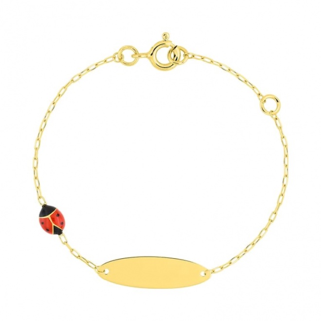 Pulsera de bebé con placa ovalada de oro amarillo de 9 Kt con esmalte, mariquita