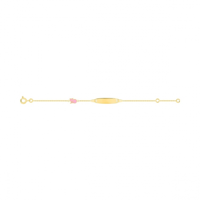Pulsera de bebé con placa de oro amarillo de 9 Kt, cadena barbada y detalle esmaltado rosa