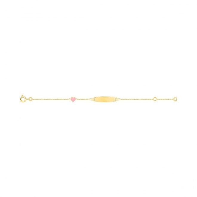 Pulsera de bebé con placa recta de oro amarillo de 9 Kt con esmalte, corazón rosa, cadena forzada