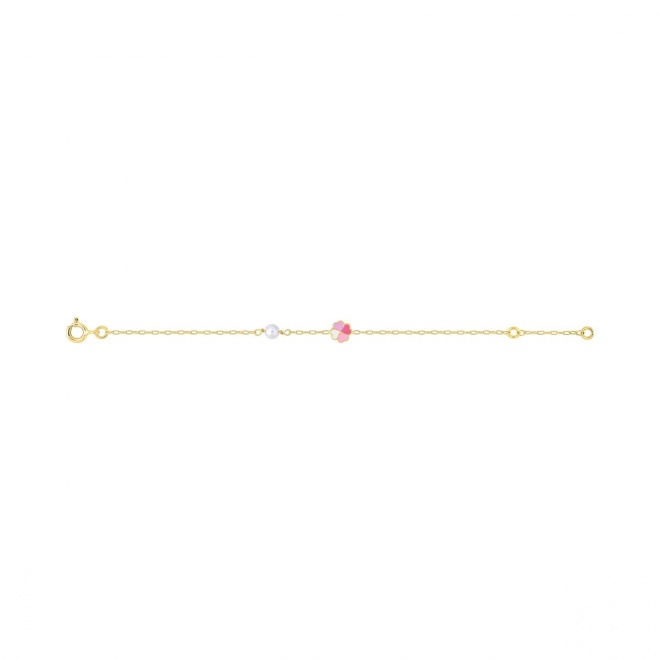 Pulsera de bebé de oro amarillo de 9 Kt con esmalte y perla, flor