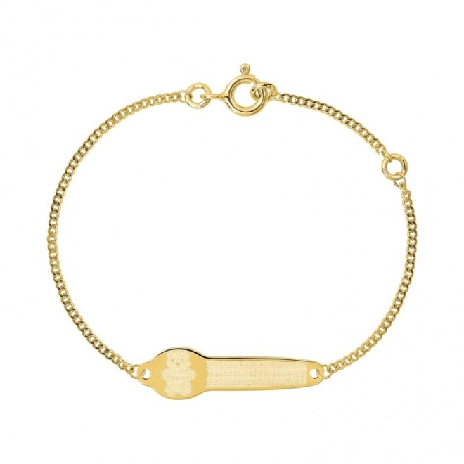 Pulsera de bebé con placa de osito de oro amarillo de 9 Kt, cadena barbada