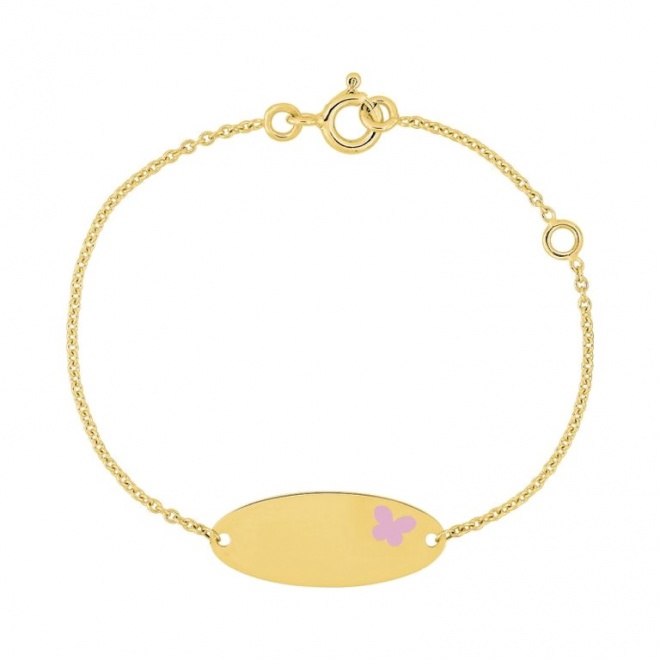 Pulsera de bebé con placa ovalada de oro amarillo de 9 Kt con esmalte, mariposa rosa