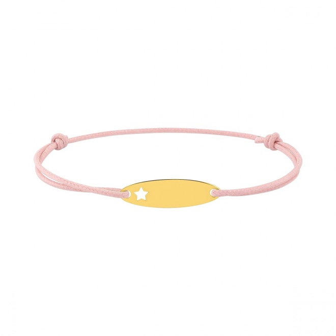 Pulsera de bebé de oro amarillo de 9 Kt y cordón rosa, placa con estrella calada