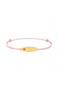 Pulsera de bebé de oro amarillo de 9 Kt y cordón rosa, placa con corazón esmaltado