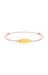 Pulsera de bebé de oro amarillo de 9 Kt y cordón rosa, placa con cruz esmaltada