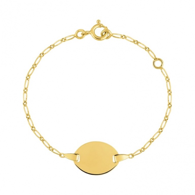 Pulsera infantil con placa redonda de oro amarillo de 9 Kt, cadena cartier larga