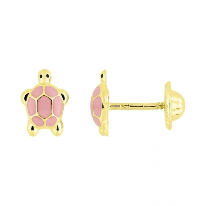 Pendientes de bebé de oro amarillo de 9 Kt con esmalte, tortuguita rosa