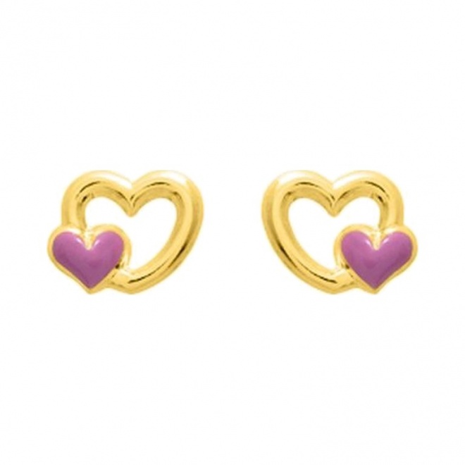 Pendientes de bebé de oro amarillo de 9 Kt con esmalte, doble corazón