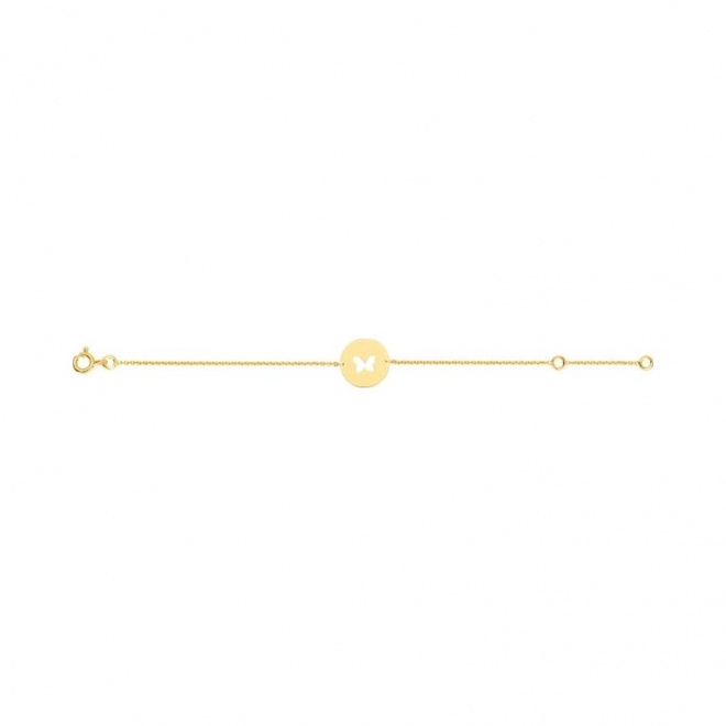 Pulsera infantil de oro amarillo de 9 Kt, disco con mariposa calada