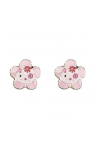 Pendientes de bebé de oro amarillo de 9 Kt con esmalte, flor rosa con carita